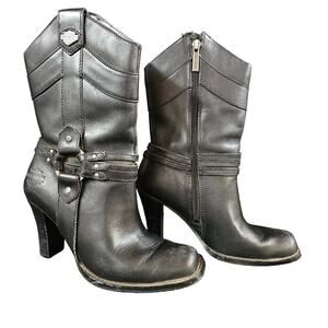 Harley Davidson Black High Heel Leather Boots Size 6 Belted Shin Biker